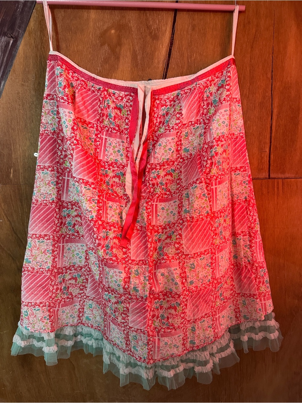 Anthropology Floral Patchwork Pink A-Line Skirt with Ruffle Hem